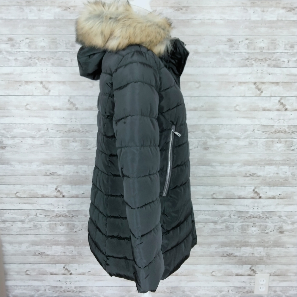 INC Puffer Coat L Faux Fur Trim Black O - Picture 3 of 7